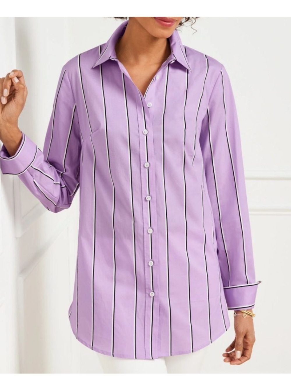 Talbots Lilac Vertical-Stripe 100% Cotton Boyfriend Fit Button Down Preppy